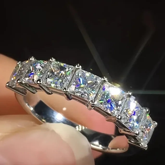 Princess Square Crystal Cubic Zirconia Brass Wedding Band Eternity Ring