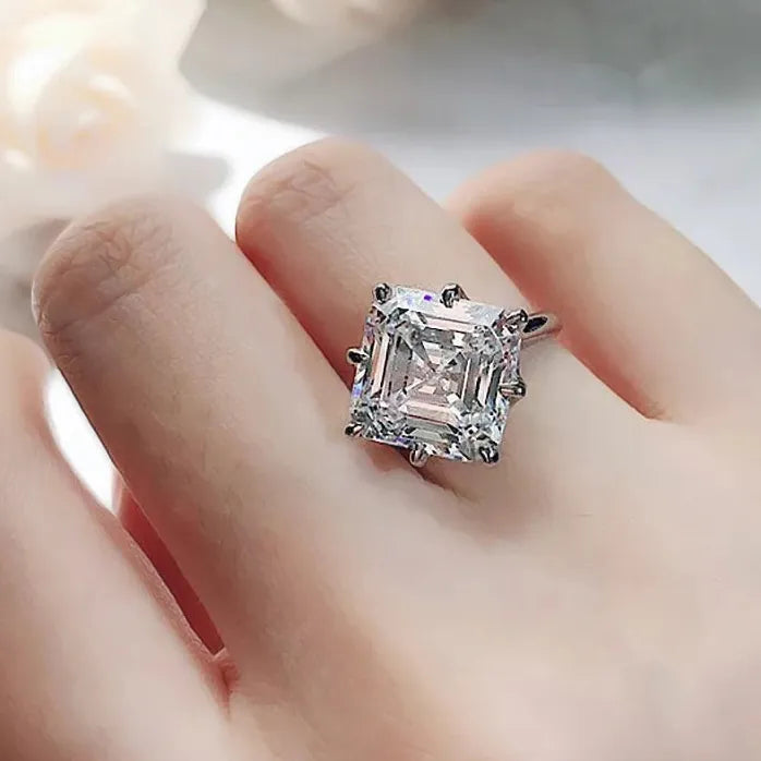 Square Cubic Zirconia Crystal Wedding Engagement Ring for Women Silver Tone
