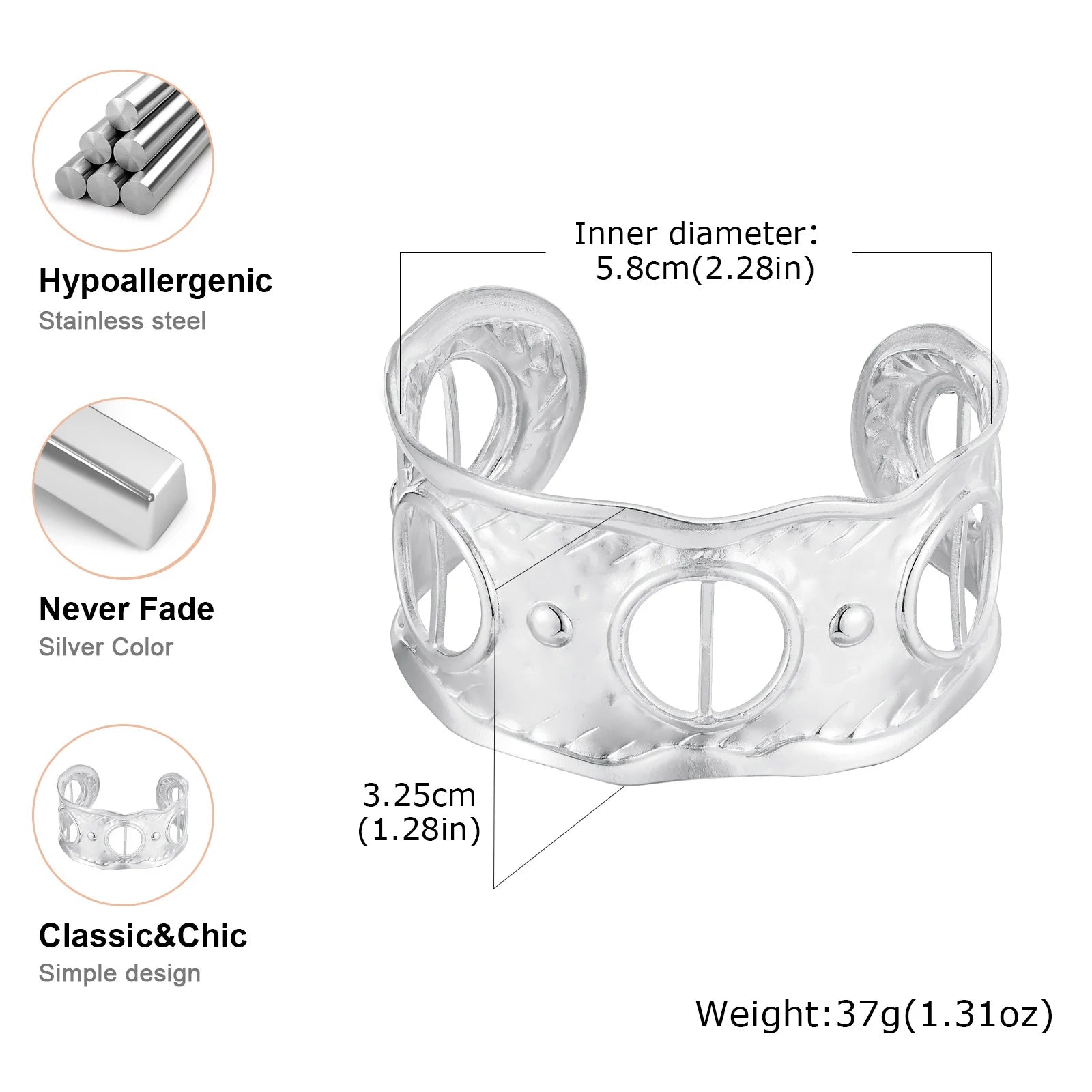 Hollow Wide Chunky Cuff Bangle Bracelet for Women Stainless Steel Gift