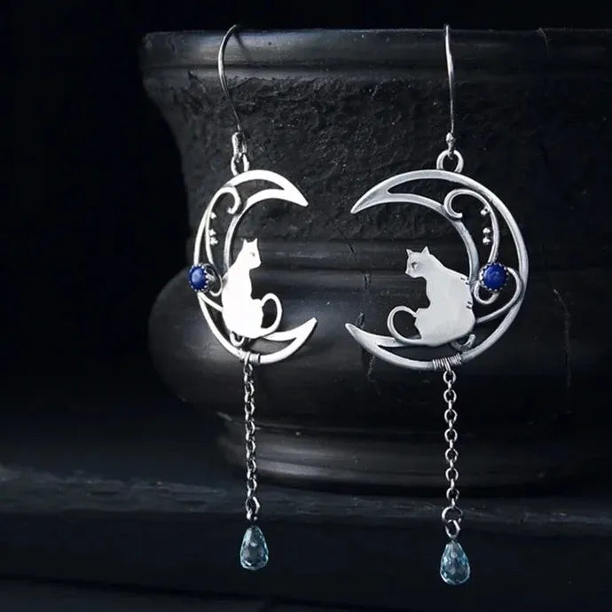 Vintage Cute Cat Moon Zinc Alloy Drop Earrings for Women Fashion Jewelry