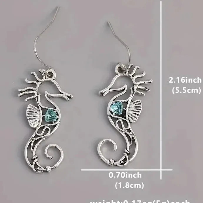 Silvery Metal Seahorse Drop Earrings Women’s Blue Zircon Zinc Alloy Jewelry