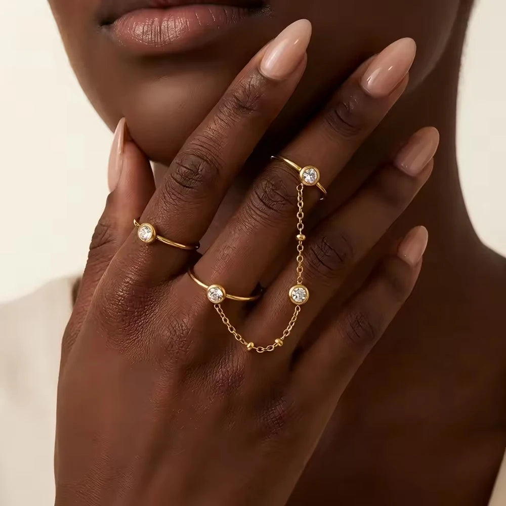 18K Gold Plated Zircon Double Round Chain Ring for Women Vintage Waterproof
