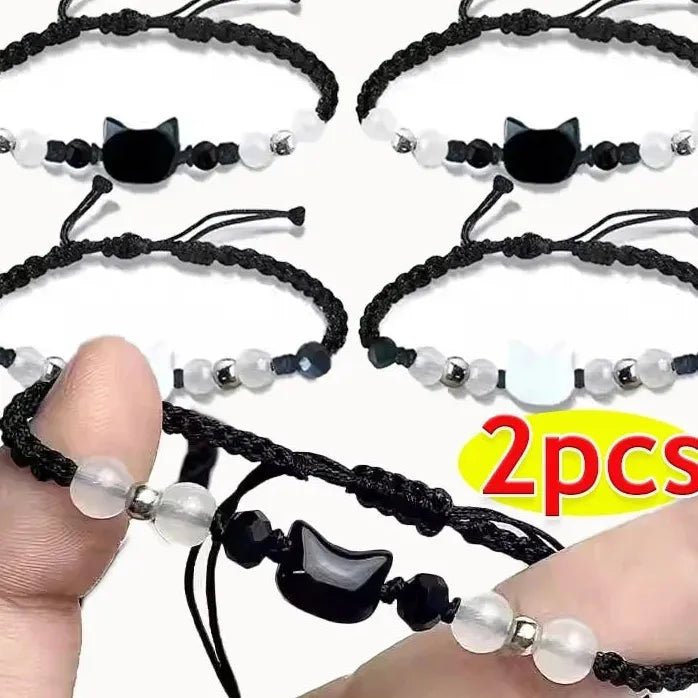 2Pcs Handmade Natural Moonstone Couple Bracelets Black White Cat Jewelry Gift