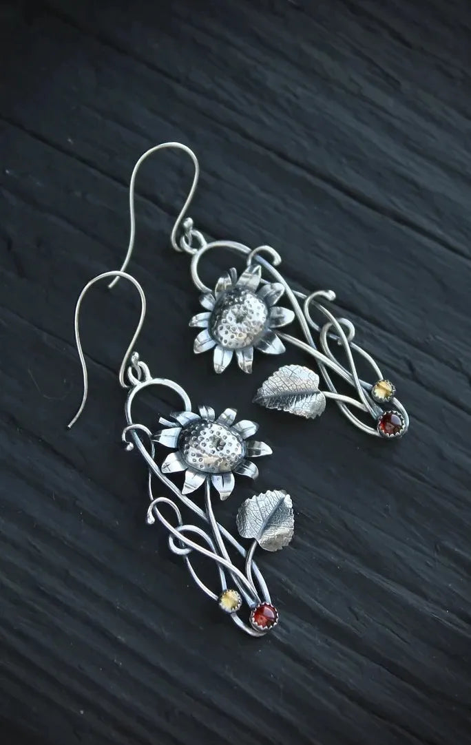 Vintage Zinc Alloy Leaf Drop Earrings with Red Stone Inlay for Women