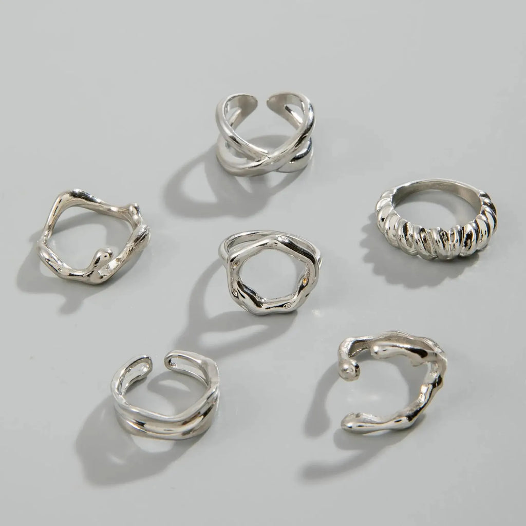 6Pcs Women's Silver Geometric Open Rings Set Metal Hollow Circle Jewelry