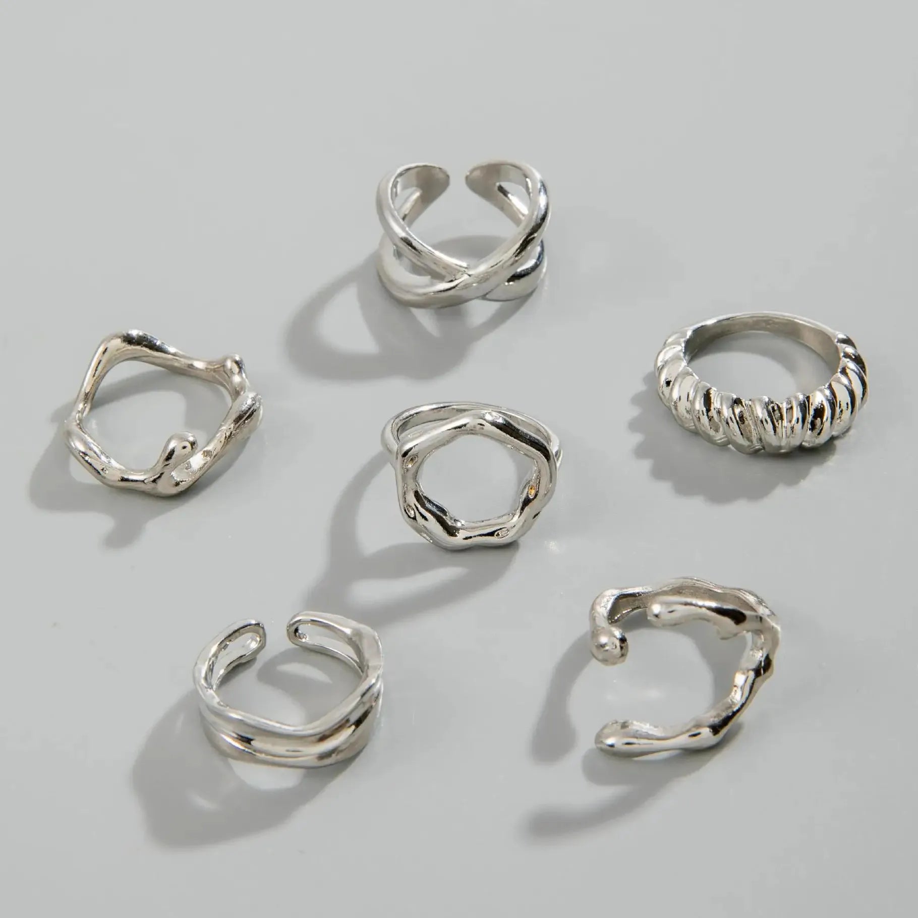 6Pcs Women's Silver Geometric Open Rings Set Metal Hollow Circle Jewelry