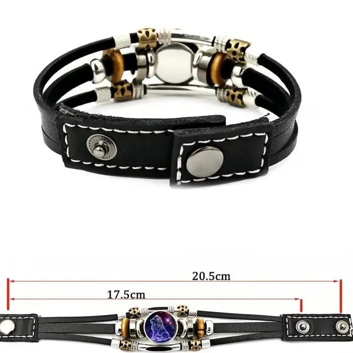 12 Constellation Zodiac Leather Bracelet with Glass Snap Button Unisex