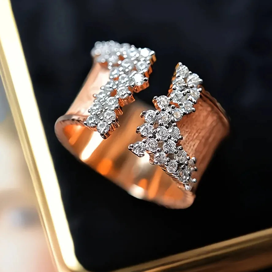 Luxury Gold Color Cubic Zirconia Geometric Wide Band Ring for Women Brass OL Style Jewelry