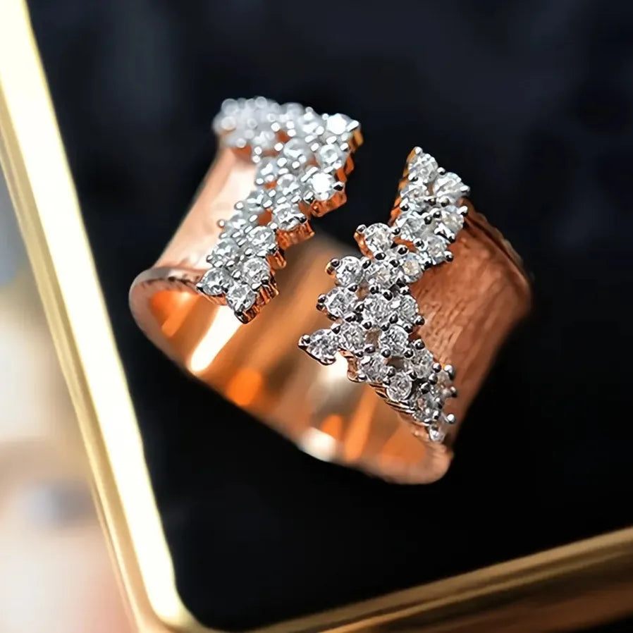 Gold Cubic Zirconia Geometric Wide Band Ring for Women OL Style Jewelry