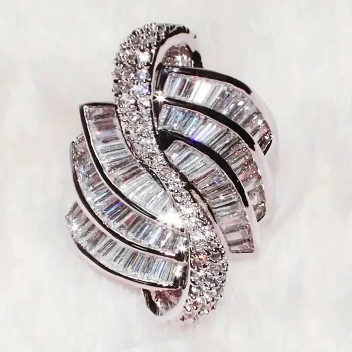 Geometric Cubic Zirconia Crystal Wedding Engagement Ring for Women Brass