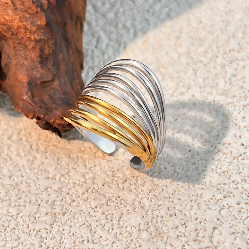 18k Gold Plated Punk Geometric Hollow Out Wide Wire Ring for Women Party Jewelry