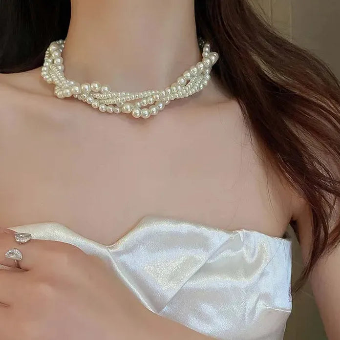 Vintage Multilayer Imitation Pearl Choker Necklace Women Wedding Jewelry Gift