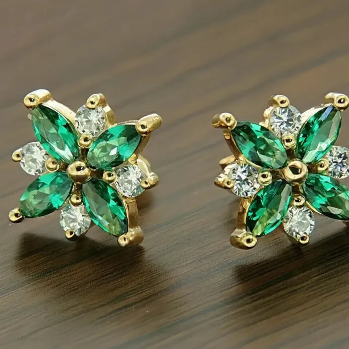 Gold Women Geometric Flower Stud Earrings with White Green CZ for Wedding