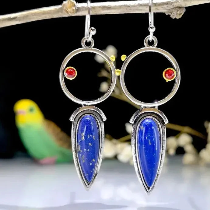 Vintage Geometric Lapis Natural Stone Drop Earrings Bohemian Zinc Alloy