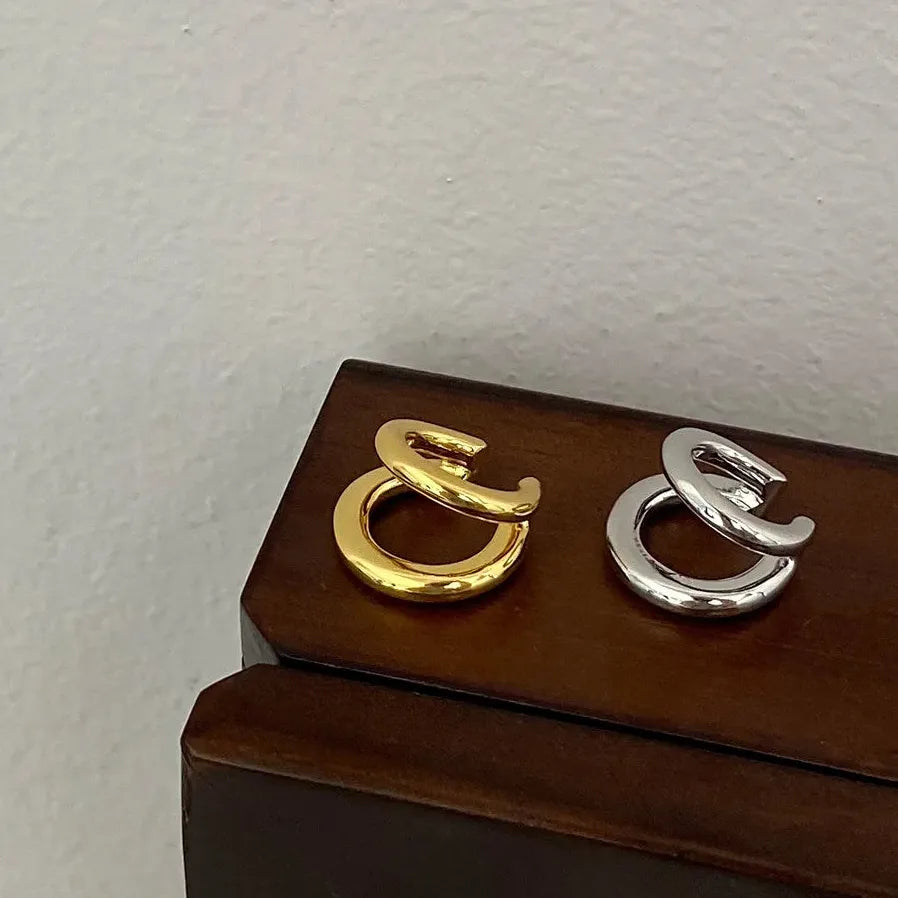 Vintage Gold Silver Double Layered Geometric Clip-On Earrings for Women