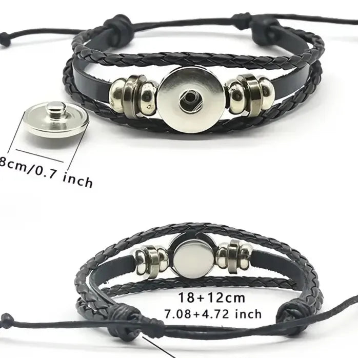 Adjustable Leather Bracelet with Lucky Clover Glass Snap Button Charm Unisex
