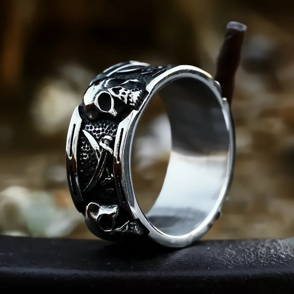 316L Stainless Steel Punk Vintage Skull Pirate Double Knife Ring Unisex Biker Jewelry Gift