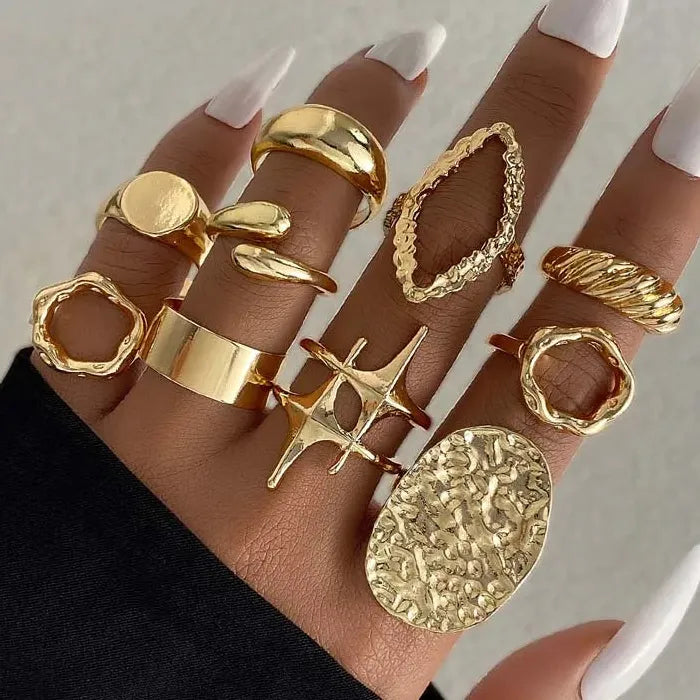 10Pcs Women's Chunky Gold Star Rings Set Geometric Fashion Jewelry