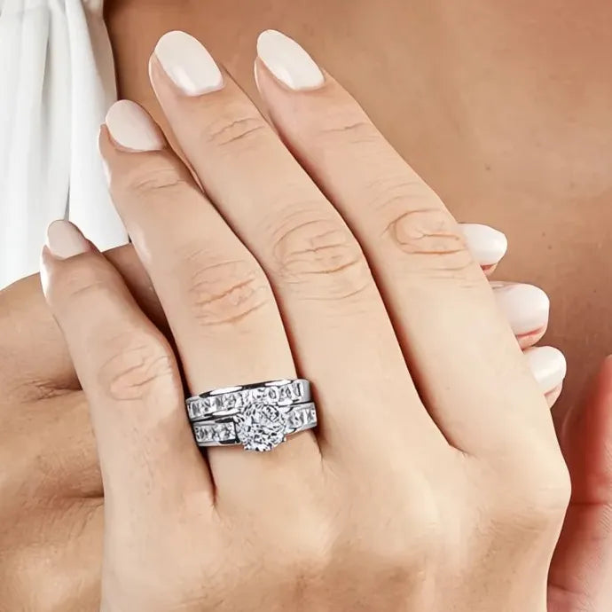 2Pcs Round & Princess Cubic Zirconia Bridal Rings Set Women Wedding Jewelry Brass