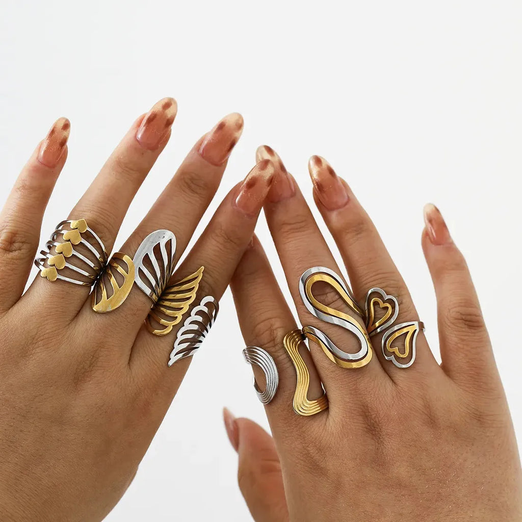 Vintage Geometric Multi-Layer Irregular Leaf Heart Stainless Steel Cocktail Ring