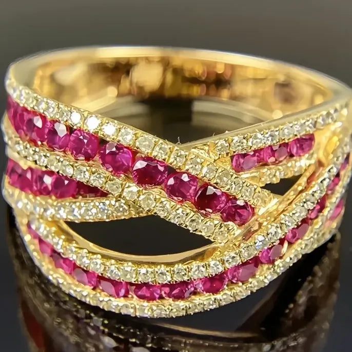 Gold Brass Geometric Cross Cocktail Ring with Cubic Zirconia for Women