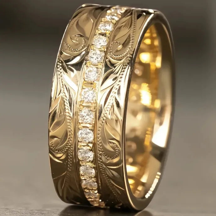 Aesthetic Carved Pattern Wedding Band Ring for Women Brass Cubic Zirconia Silver Gold Color Trendy Jewelry