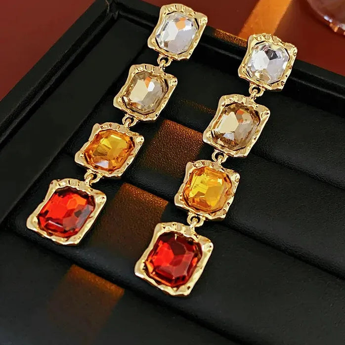 DREJEW Vintage Rhinestone Square Geometric Dangle Earrings for Women Silver Needle Gift