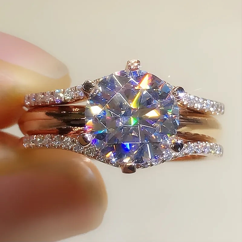 Unique Rose Gold Cubic Zirconia Rings for Women Classic 6 Claw Prong Wedding Engagement Bands