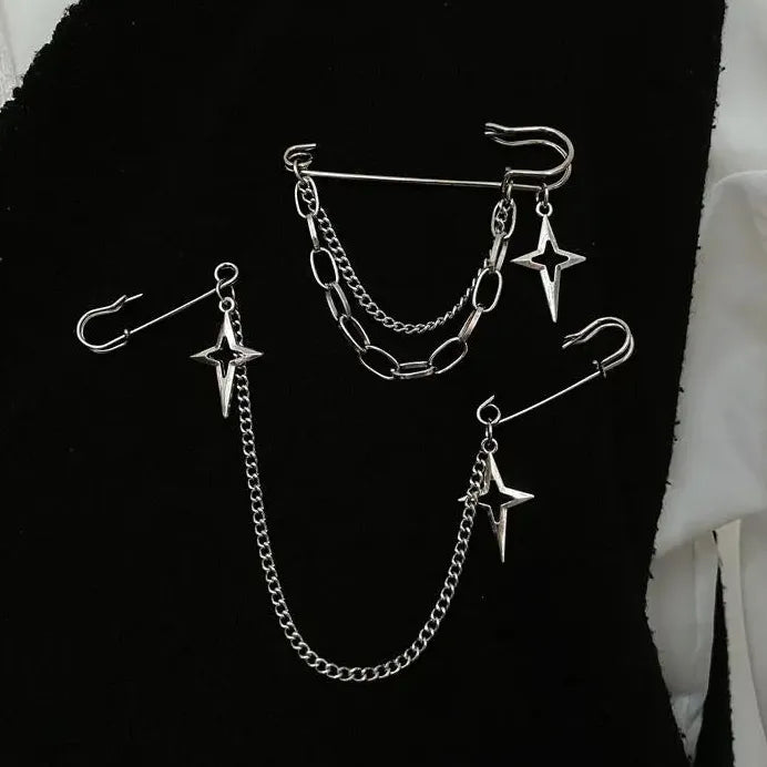 Zinc Alloy Punk Star Pendant Brooch with Double-Layer Tassel Chain for Women