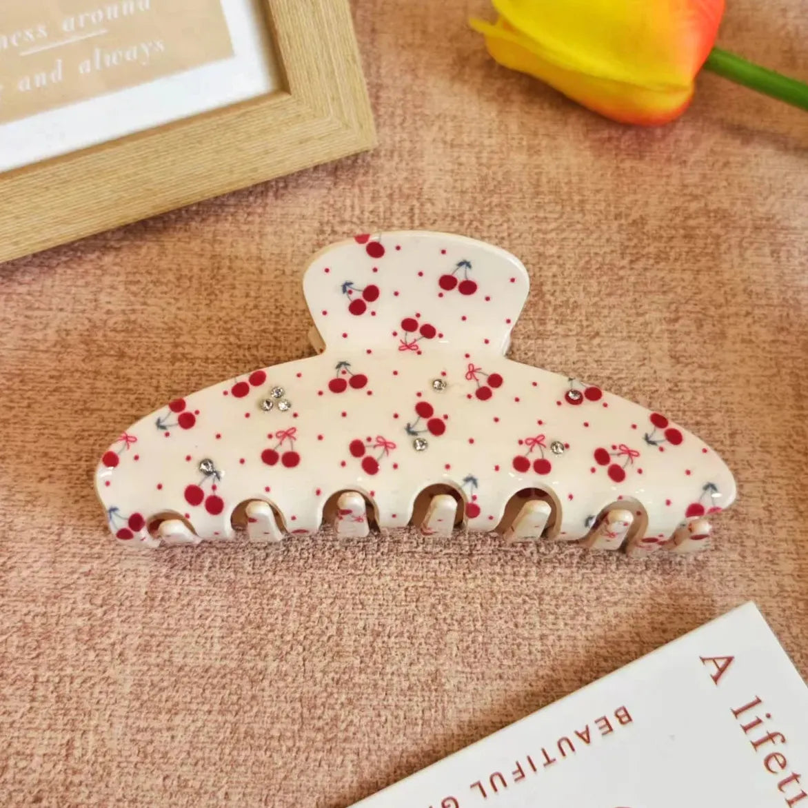 Rectangular Sweet Cherry Flower Print Rhinestone Hair Claw Clip for Women