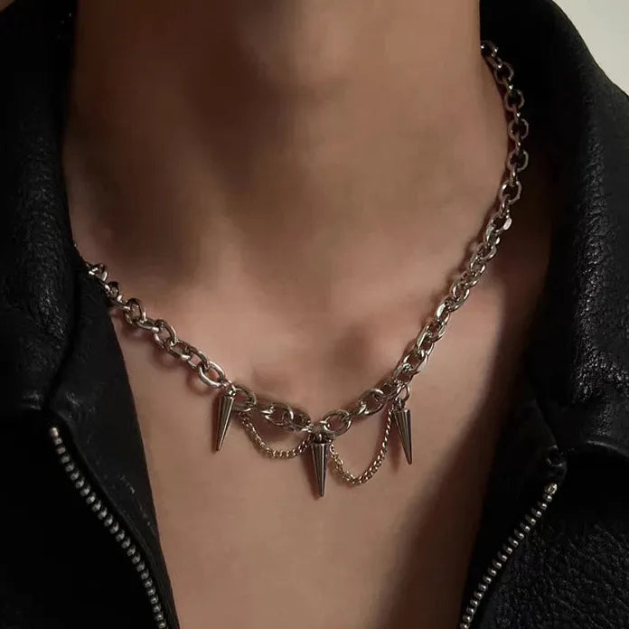 Punk Gothic Silver Cone Pendant Necklace Featuring Tassel Chain for Women