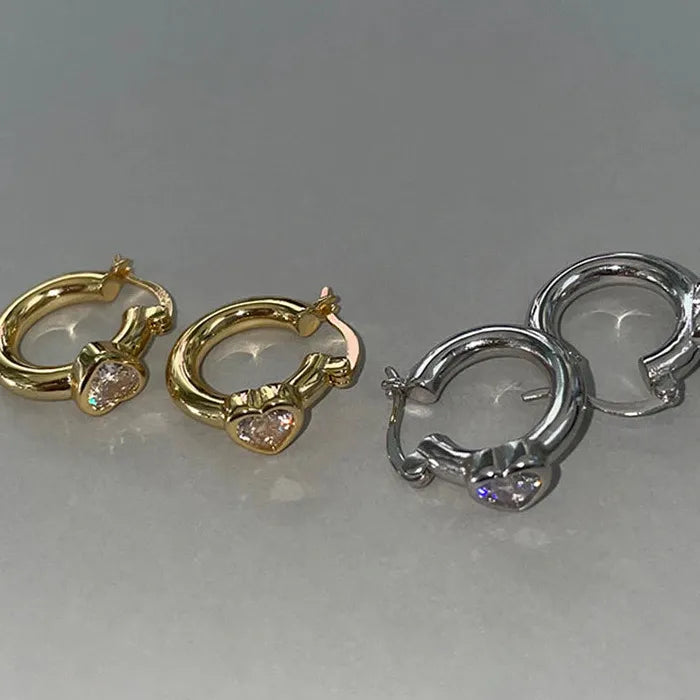 Shiny Zircon Heart Buckle Hoop Earrings Copper Stainless Steel 2026