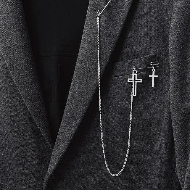 Geometric Zinc Alloy Brooch Double Pin Chain Clip for Men and Women