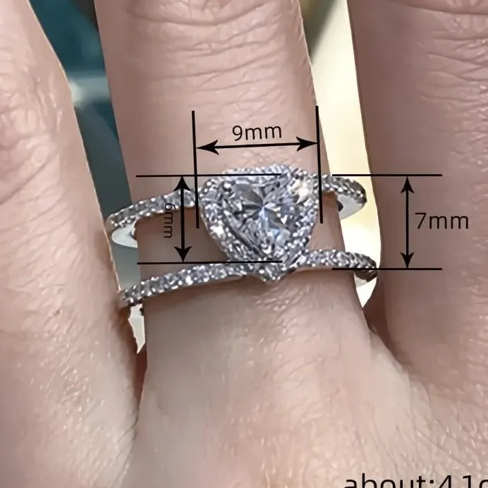 Double Layered Heart CZ Brass Ring Women Engagement Wedding Gift