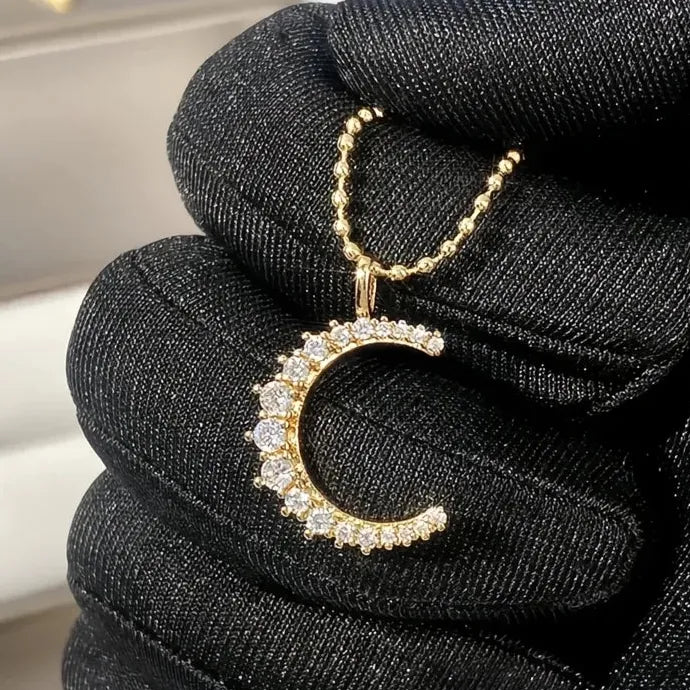 Shiny CZ Moon Pendant Necklace for Women Wedding Engagement Copper Alloy