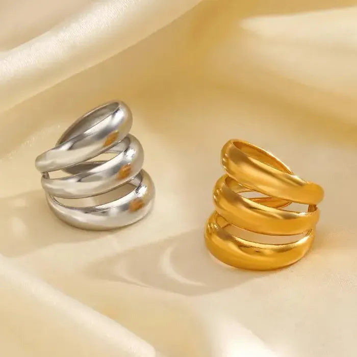 Stainless Steel Multi Layer Geometric Cocktail Ring for Women Gold Silver Jewelry