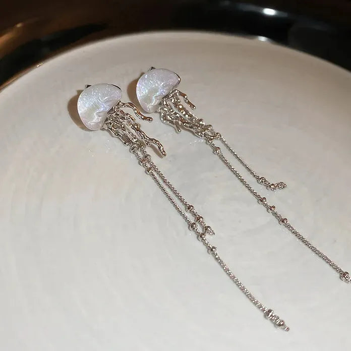 Silver Moonstone Starfish Jellyfish Pendant Necklace Women Vintage Tassel Jewelry