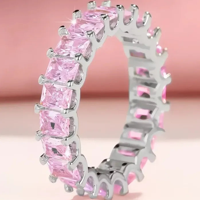 Crystal Pink CZ Geometric Promise Ring Women’s Wedding Band Brass Jewelry