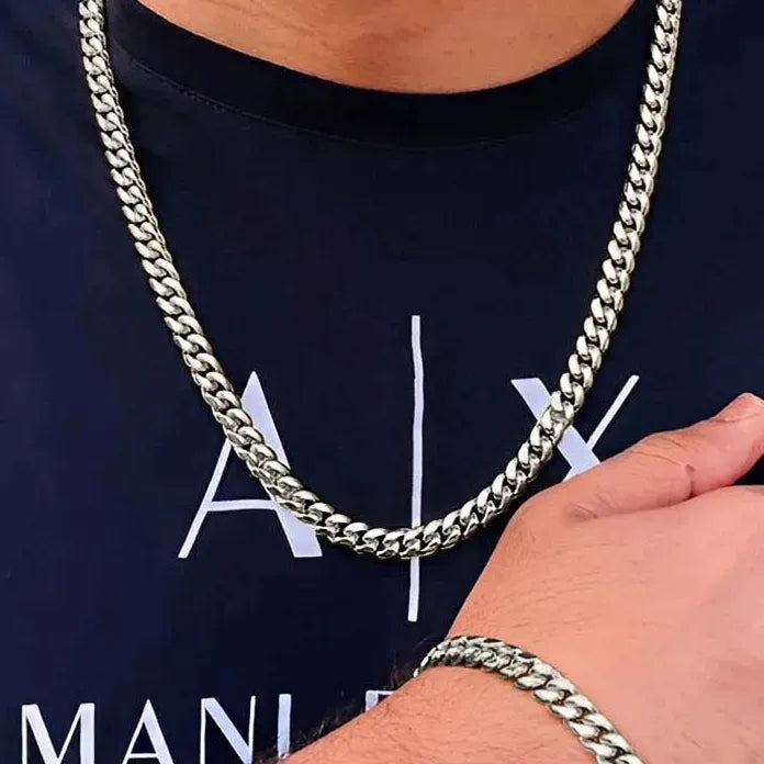 Punk Hip Hop Stainless Steel Cuban Chain Necklace & Bracelet Set Men Women
