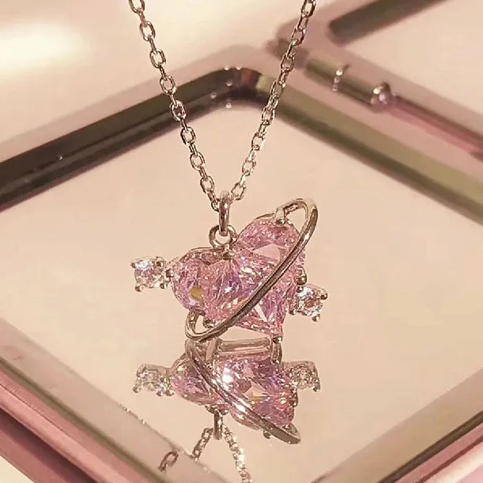 Y2K Pink Zircon Heart Pendant Necklace for Women Zinc Alloy Gift