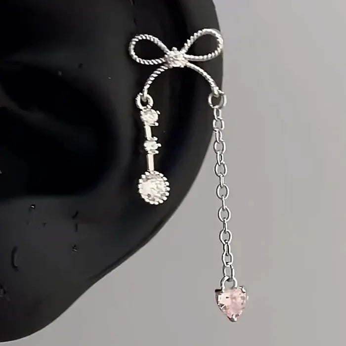 Rhinestone Sweet Bowknot Heart Long Clip Earrings for Women Girls
