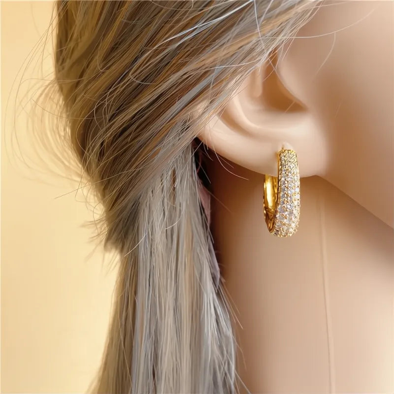 Luxury Gold Color Cubic Zirconia Paved Hollow Out Hoop Earrings for Women Fashion Jewelry