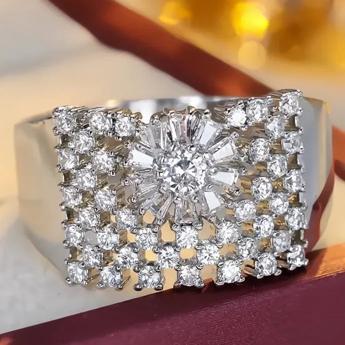 Wide Band Cubic Zirconia Cocktail Ring for Women Gold Silver Jewelry Party