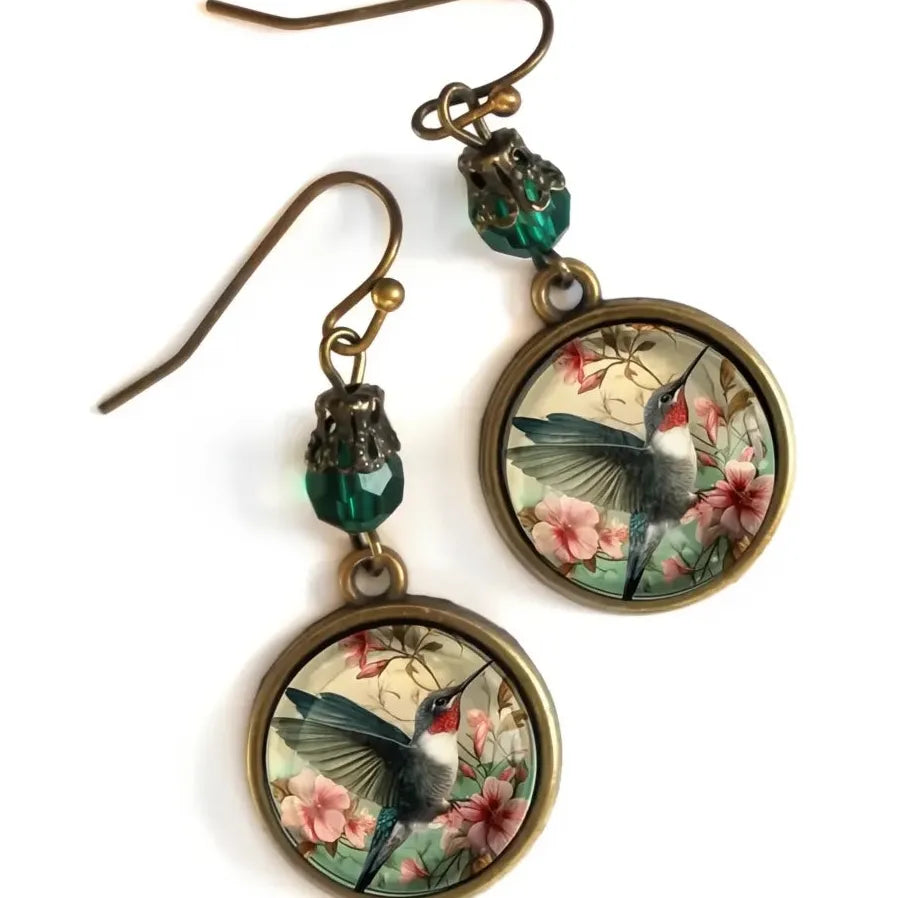 Vintage Green Glass Bead Hummingbird Flower Dangle Earrings for Women