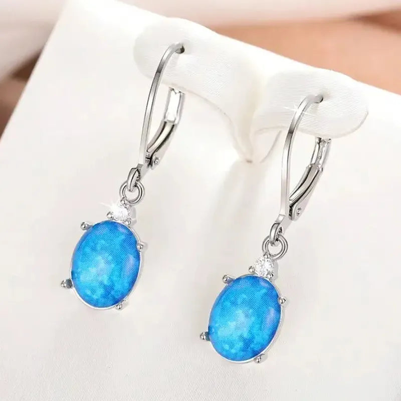 Copper Oval Cut Blue White Water Drop Dangle Earrings for Women Bohemian Jewelry