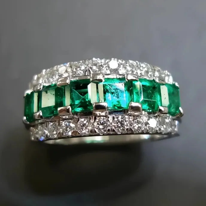 Luxury Dark Green Square Cubic Zirconia Wedding Band Ring for Women Silver Brass Fashion Jewelry