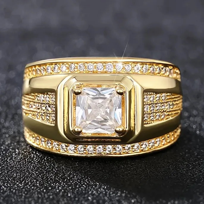Men’s Gold Brass Geometric Wedding Band with Cubic Zirconia Engagement Ring
