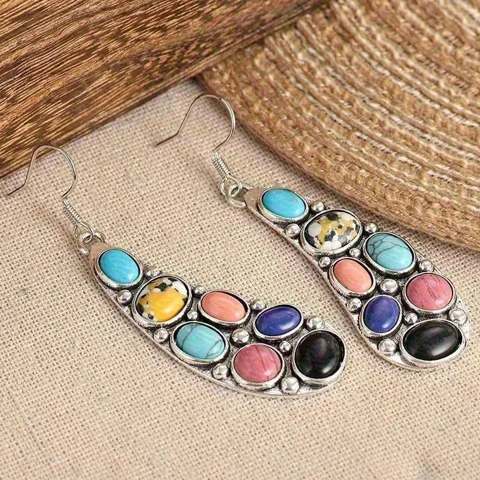 Bohemian Retro Ethnic Long Drop Earrings Green Stone Zinc Alloy Jewelry