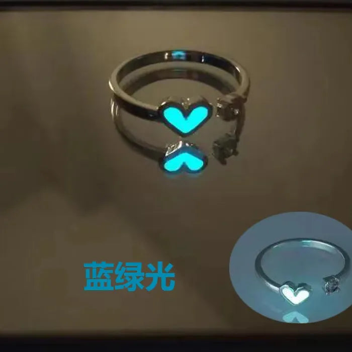 Adjustable Blue Heart Luminous Ring for Women Men Jewelry Gift Love Symbol
