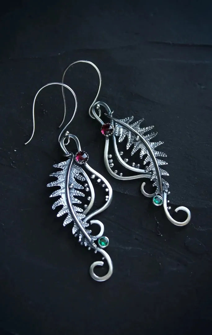 Vintage Zinc Alloy Leaf Drop Earrings with Red Stone Inlay for Women
